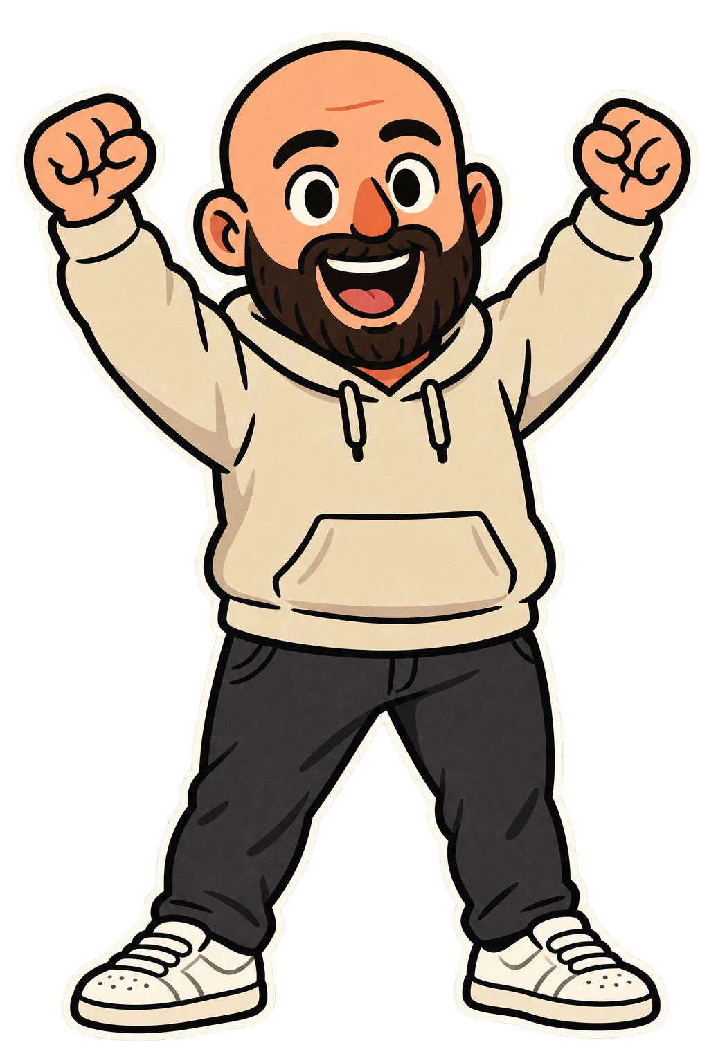 Cartoon of Alan cheering with both fists raised